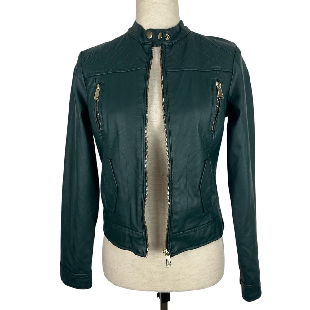Vintage Y2K Jacket Delias Small Dark Green Faux Vegan Leather Moto Indie Grunge - Picture 3 of 13